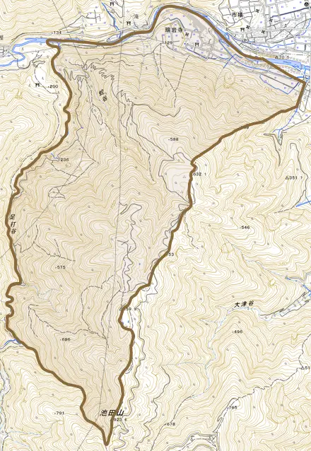 瑞岩寺とその周辺の地図。町の範囲を重ねている