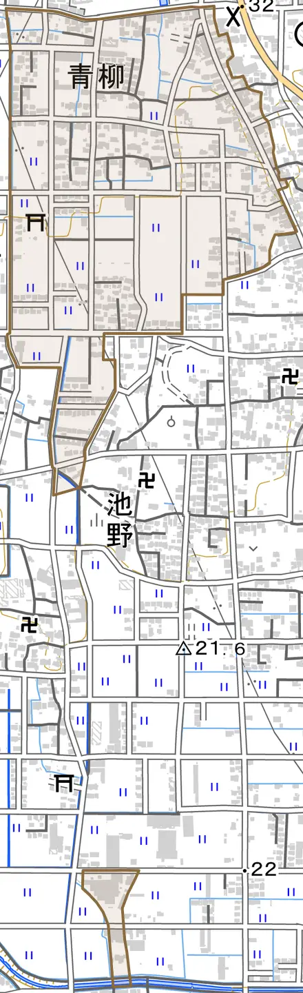 青柳とその周辺の地図。町の範囲を重ねている