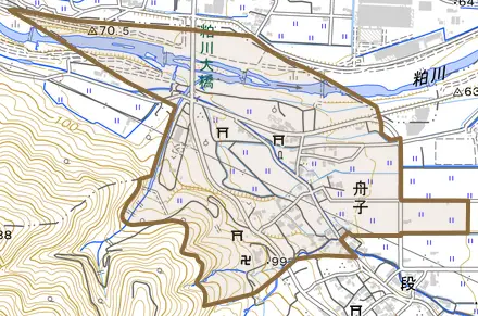 舟子とその周辺の地図。町の範囲を重ねている