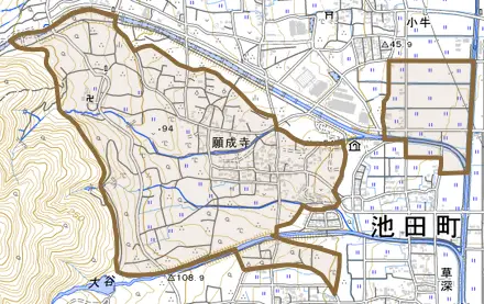 願成寺とその周辺の地図。町の範囲を重ねている