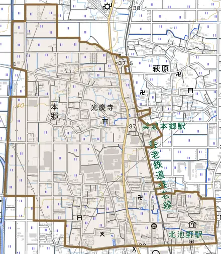 本郷とその周辺の地図。町の範囲を重ねている