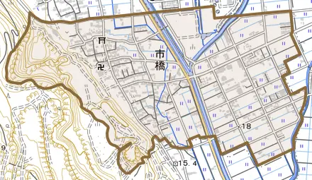 市橋とその周辺の地図。町の範囲を重ねている