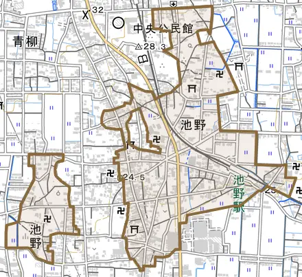 池野とその周辺の地図。町の範囲を重ねている
