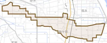 粕ヶ原とその周辺の地図。町の範囲を重ねている