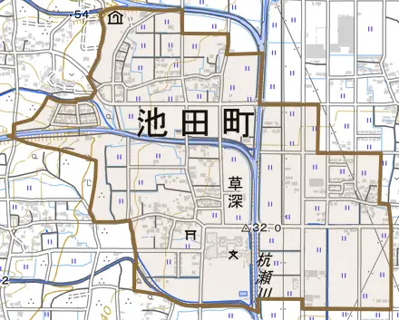 草深とその周辺の地図。町の範囲を重ねている