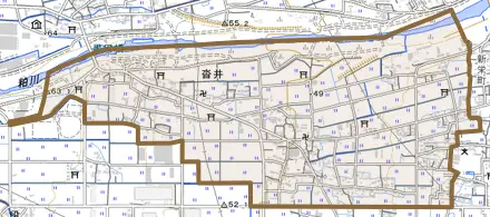 沓井とその周辺の地図。町の範囲を重ねている
