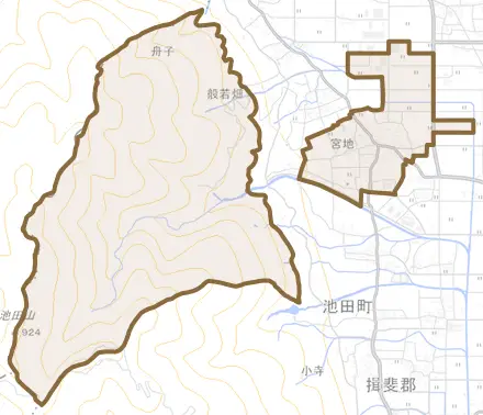 宮地とその周辺の地図。町の範囲を重ねている