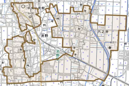 六之井とその周辺の地図。町の範囲を重ねている