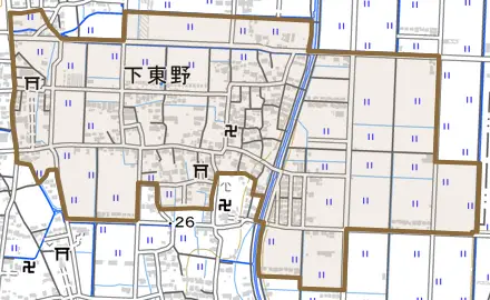 下東野とその周辺の地図。町の範囲を重ねている