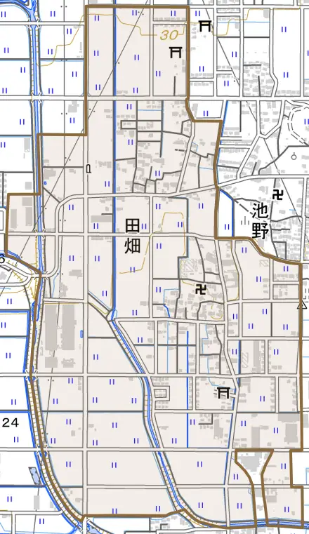 田畑とその周辺の地図。町の範囲を重ねている