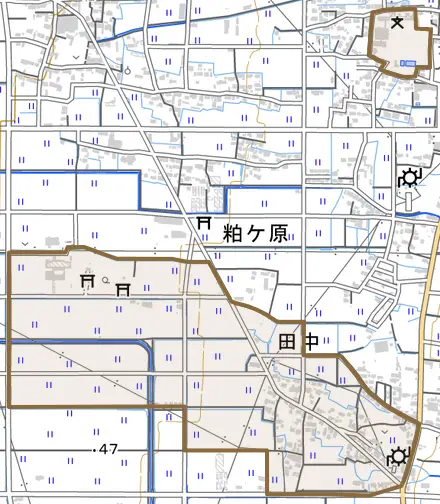 田中とその周辺の地図。町の範囲を重ねている