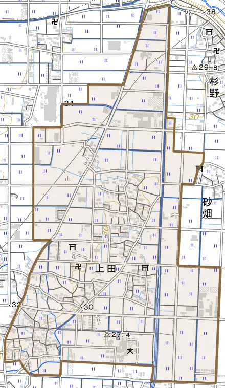 上田とその周辺の地図。町の範囲を重ねている