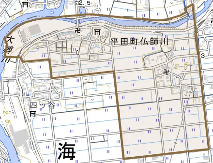 平田町仏師川とその周辺の地図。町の範囲を重ねている