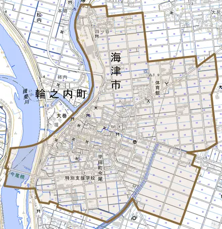 平田町今尾とその周辺の地図。町の範囲を重ねている