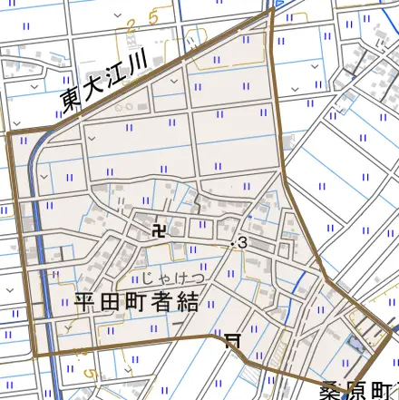 平田町者結とその周辺の地図。町の範囲を重ねている
