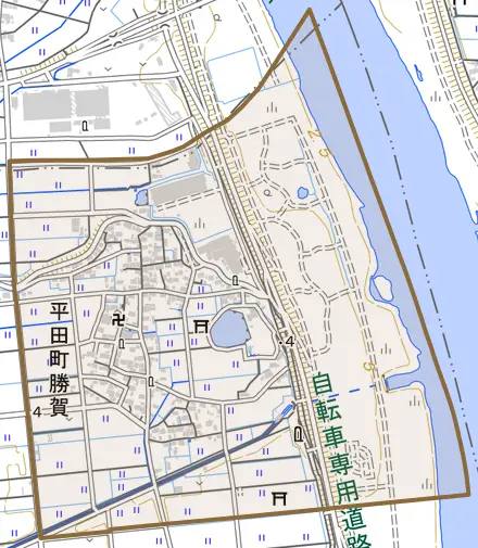 平田町勝賀とその周辺の地図。町の範囲を重ねている