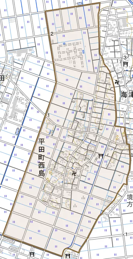 平田町西島とその周辺の地図。町の範囲を重ねている