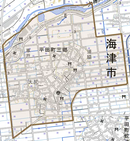 平田町三郷とその周辺の地図。町の範囲を重ねている
