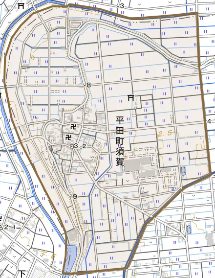 平田町須賀とその周辺の地図。町の範囲を重ねている