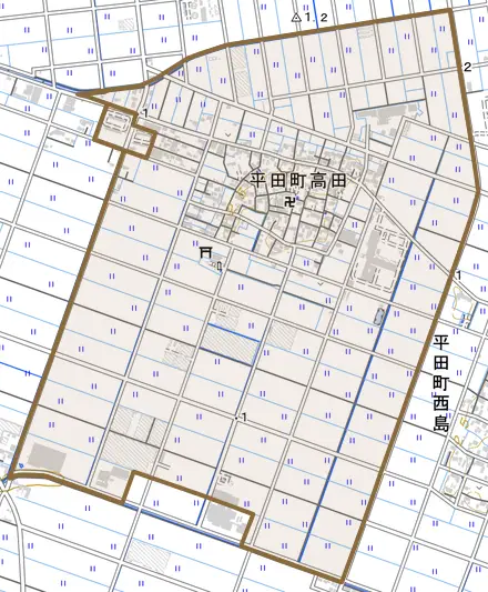 平田町高田とその周辺の地図。町の範囲を重ねている