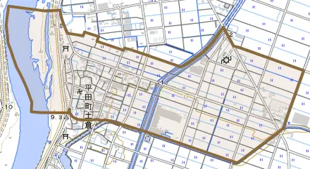 平田町土倉とその周辺の地図。町の範囲を重ねている