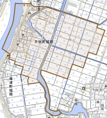 平田町脇野とその周辺の地図。町の範囲を重ねている