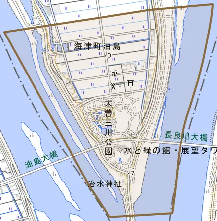 海津町油島とその周辺の地図。町の範囲を重ねている