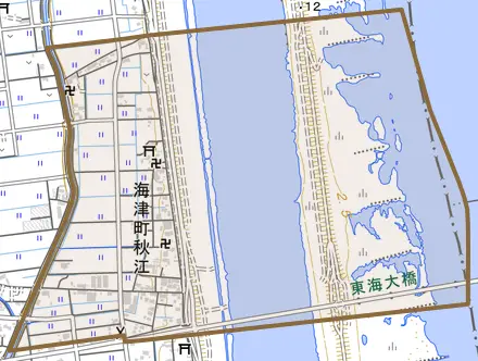 海津町秋江とその周辺の地図。町の範囲を重ねている