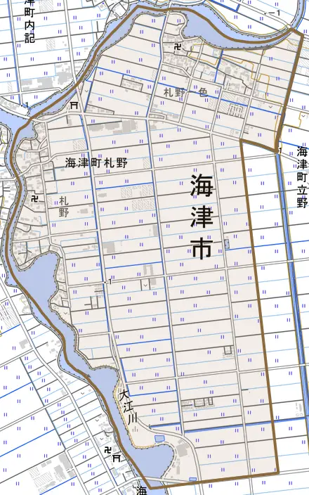 海津町札野とその周辺の地図。町の範囲を重ねている
