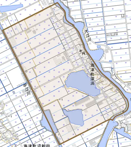海津町深浜とその周辺の地図。町の範囲を重ねている