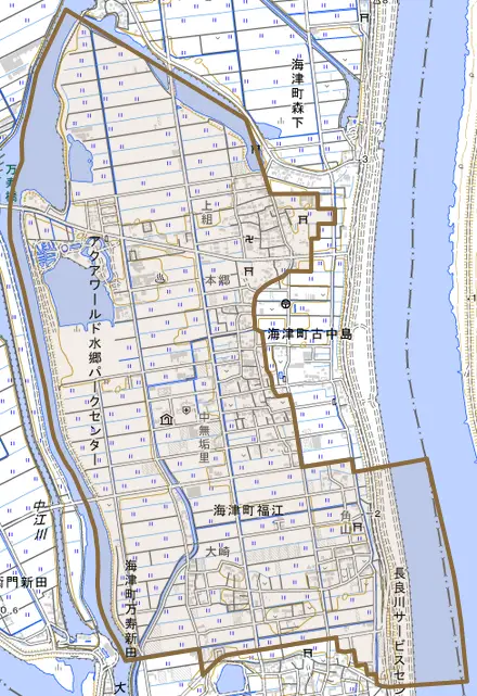 海津町福江とその周辺の地図。町の範囲を重ねている