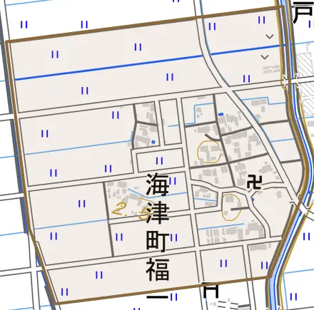 海津町福一色とその周辺の地図。町の範囲を重ねている