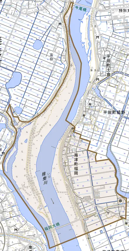 海津町福岡とその周辺の地図。町の範囲を重ねている