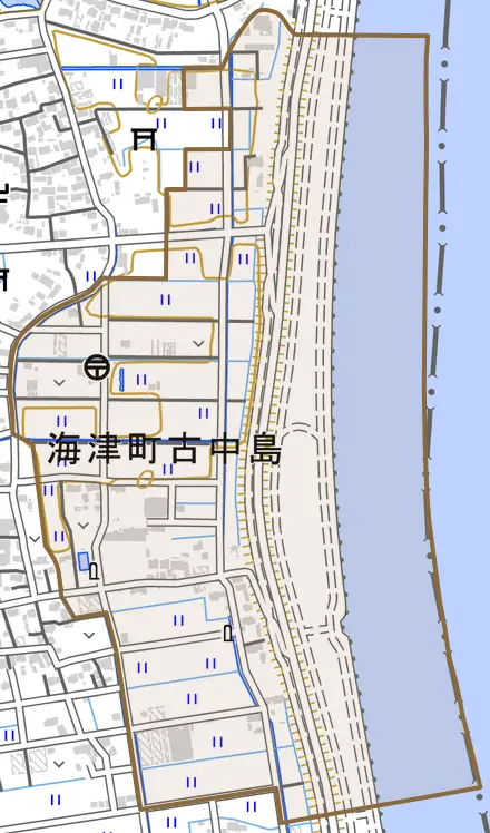 海津町古中島とその周辺の地図。町の範囲を重ねている