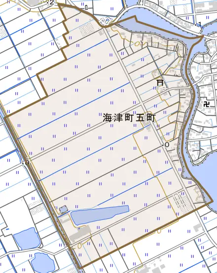 海津町五町とその周辺の地図。町の範囲を重ねている