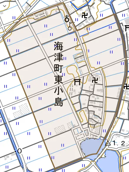 海津町東小島とその周辺の地図。町の範囲を重ねている