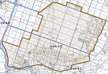海津町平原とその周辺の地図。町の範囲を重ねている