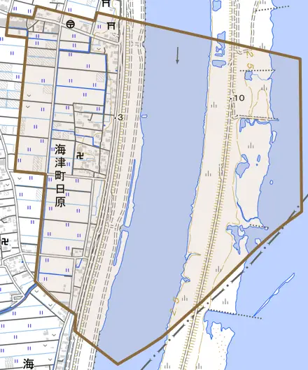 海津町日原とその周辺の地図。町の範囲を重ねている