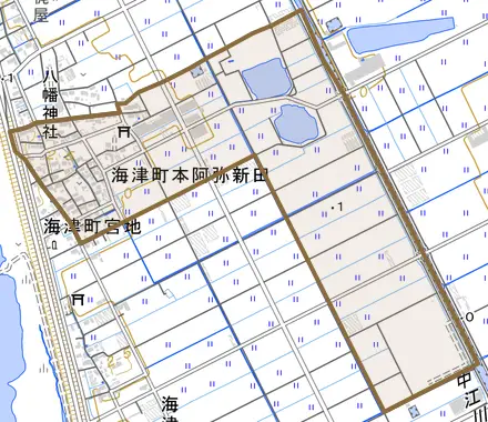 海津町本阿弥新田とその周辺の地図。町の範囲を重ねている
