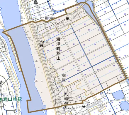 海津町稲山とその周辺の地図。町の範囲を重ねている
