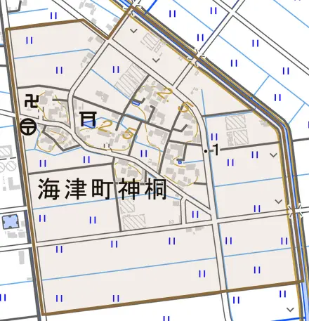 海津町神桐とその周辺の地図。町の範囲を重ねている