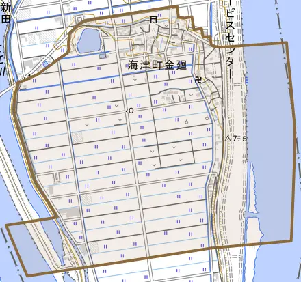 海津町金廻とその周辺の地図。町の範囲を重ねている