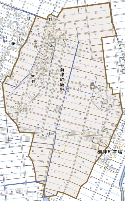 海津町鹿野とその周辺の地図。町の範囲を重ねている