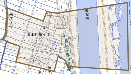 海津町駒ケ江とその周辺の地図。町の範囲を重ねている