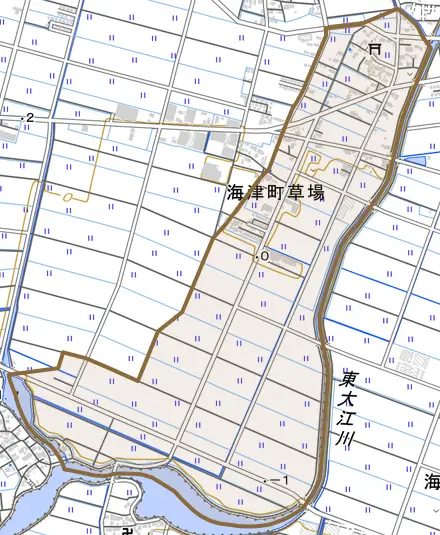海津町草場とその周辺の地図。町の範囲を重ねている