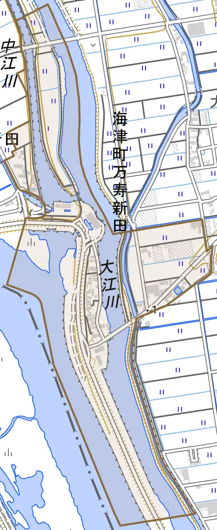 海津町万寿新田とその周辺の地図。町の範囲を重ねている