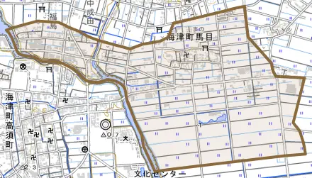 海津町馬目とその周辺の地図。町の範囲を重ねている
