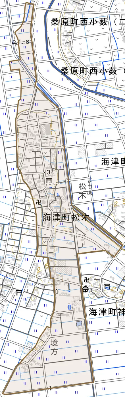 海津町松木とその周辺の地図。町の範囲を重ねている