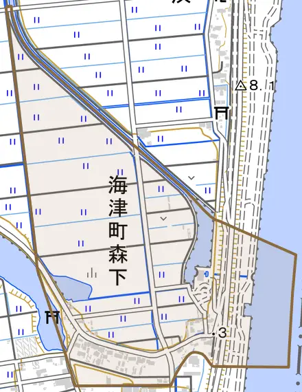 海津町森下とその周辺の地図。町の範囲を重ねている