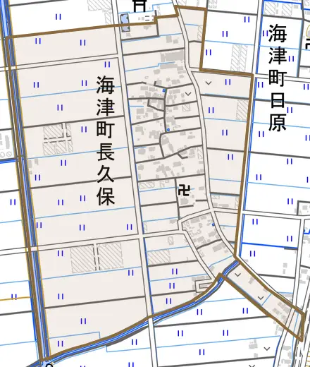 海津町長久保とその周辺の地図。町の範囲を重ねている